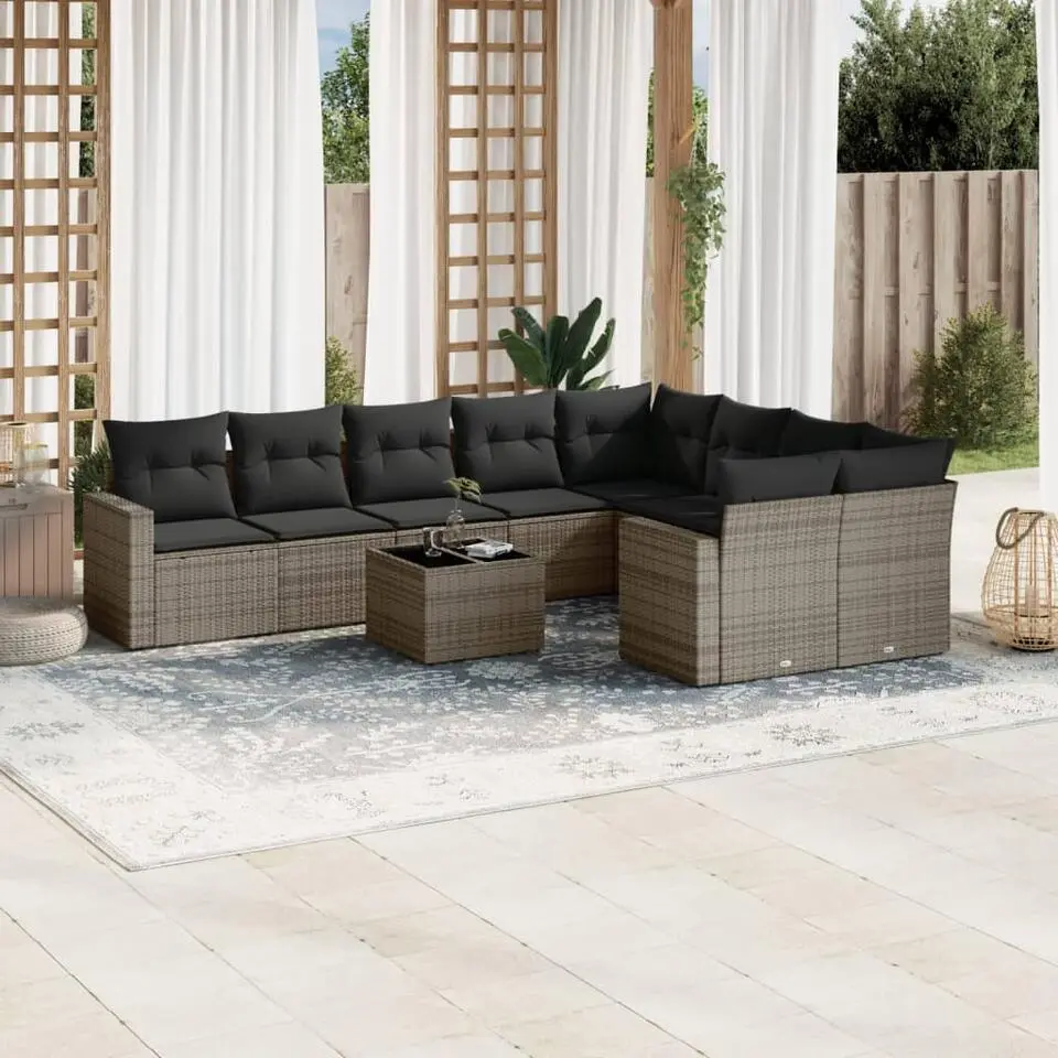 vidaXL Loungeset met kussens & tuintafel - Grijs - Poly rattan - 10 stuks