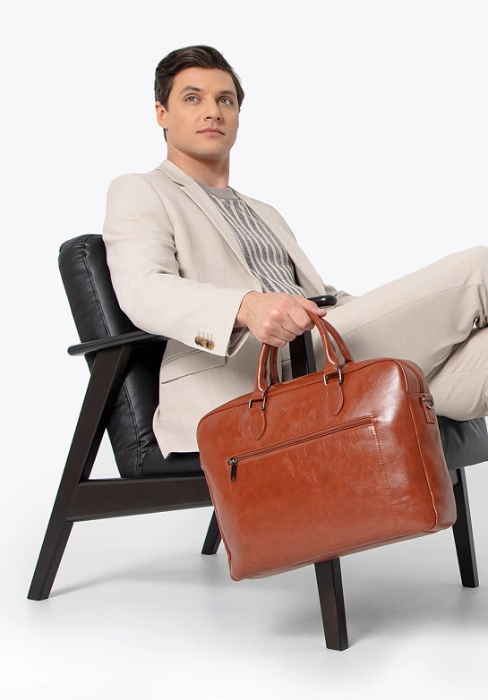 Męska torba na laptopa 16” z imitacji skóry brązowa