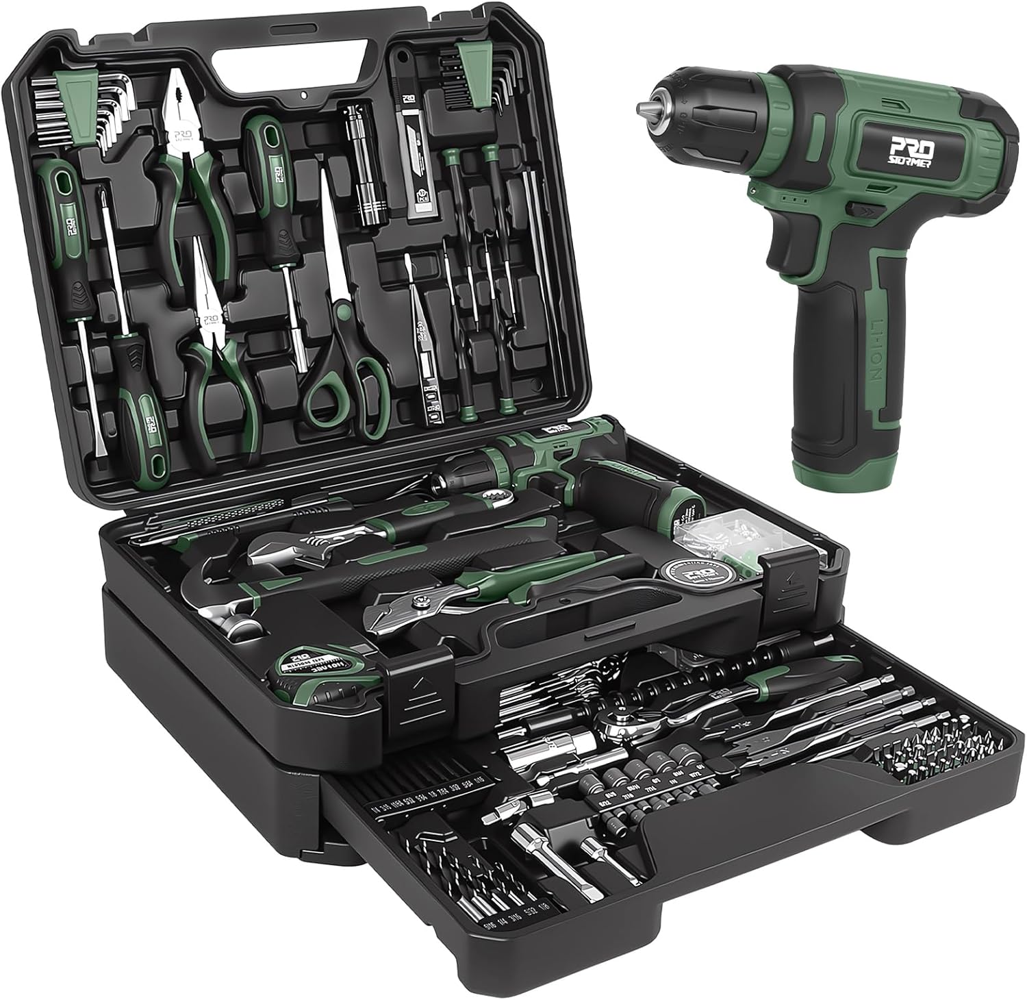 Prostormer Tool Set with 8V Cordless Drill, 369-Piece Home Tool Kit with Drill Driver, Toolbox Storage Case with Drawer, General Household Tools for Home Repairs and DIY, Handyman (Green)