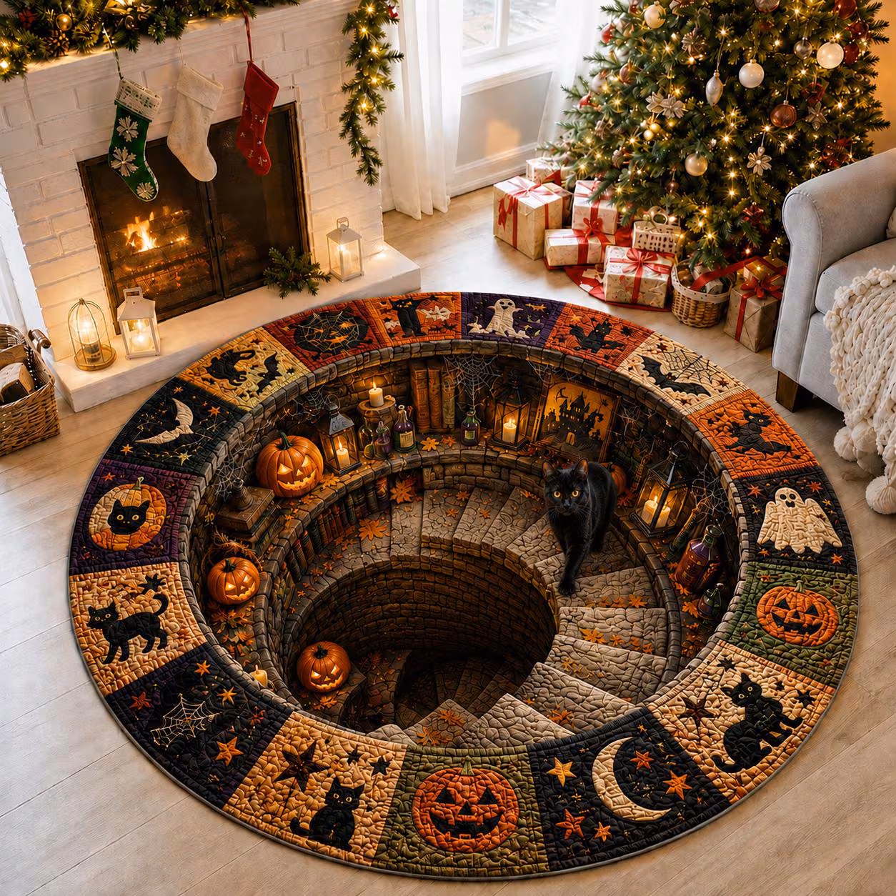 Halloween Black Cat Circle Rug, 3D Vortex Illusion Round Rug, Fall Autumn Leaves Spooky Decor, Witchy Floor Carpet Gift for Halloween
