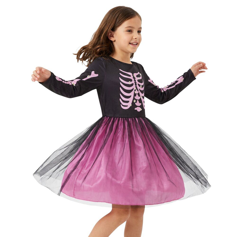 Déguisement Halloween enfant fille robe squelette polyester rose et noir 4/6ans