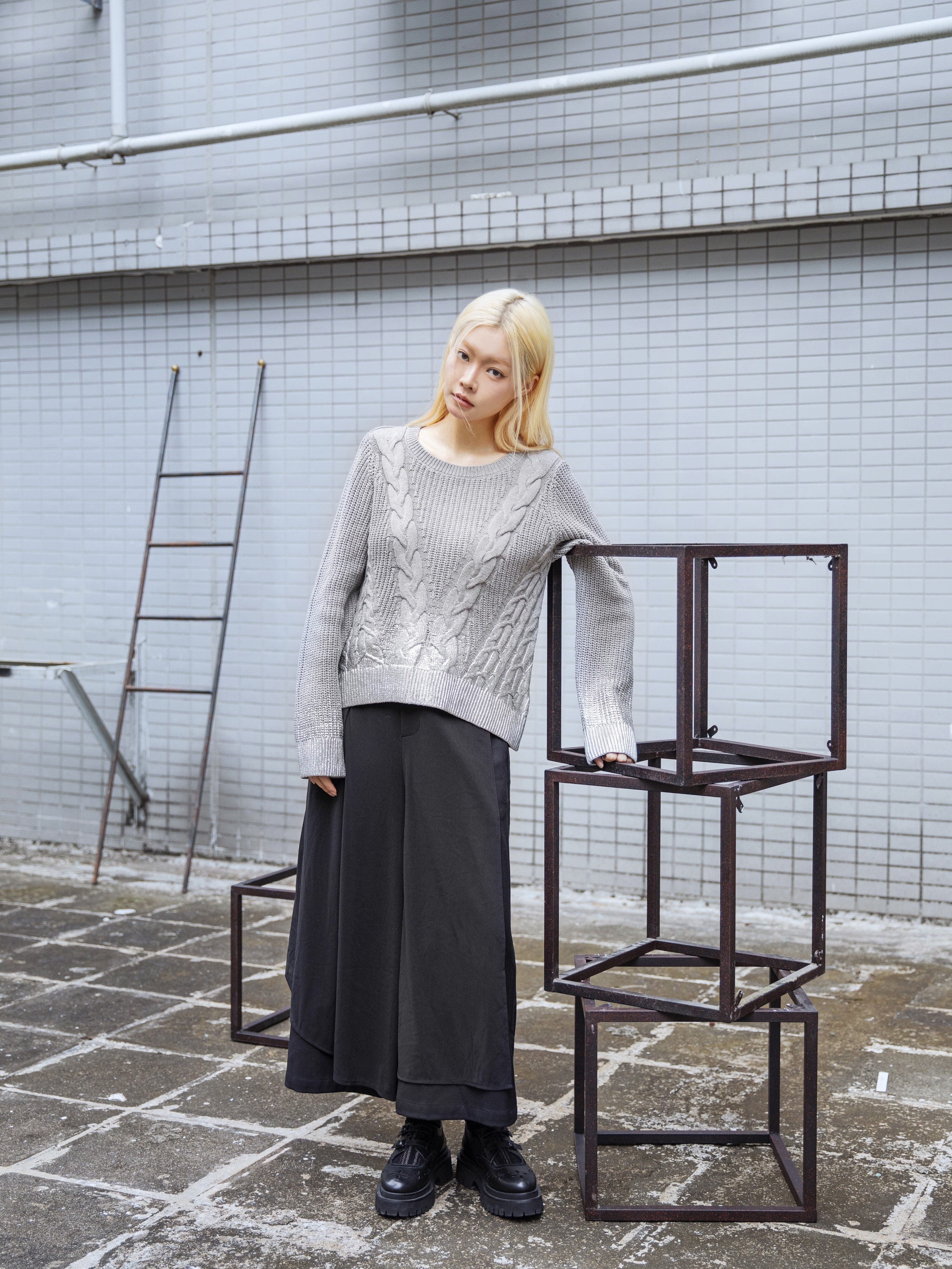 Metallic foil print cable -knit sweater - 25WRT237X