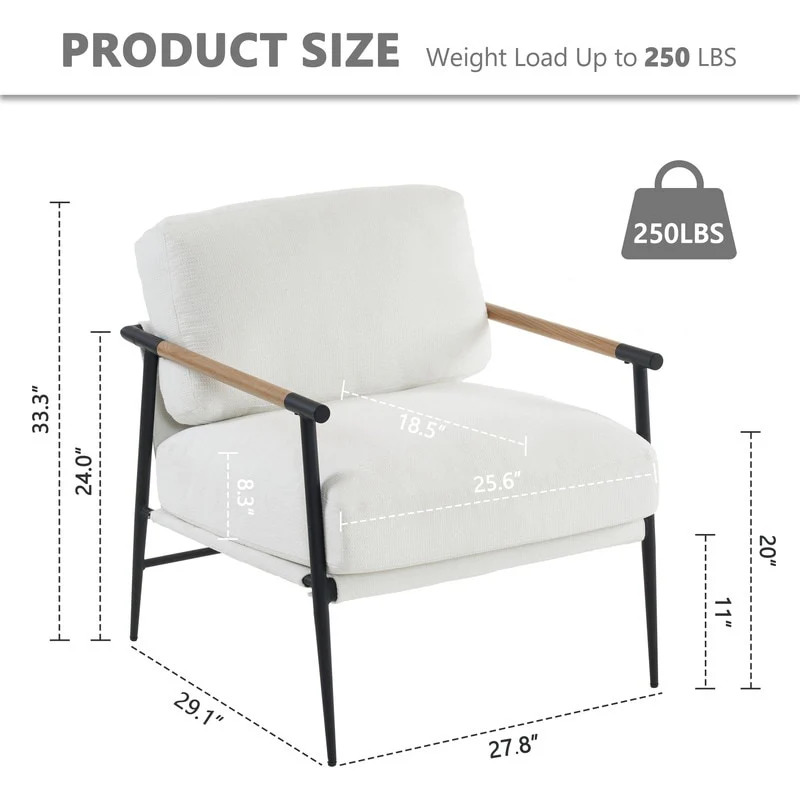White Accent Chair Armchair Chenille for Living Room Mid Century Modern Accent Chair Metal Leg,Comfy Cushion Veneer Armrest