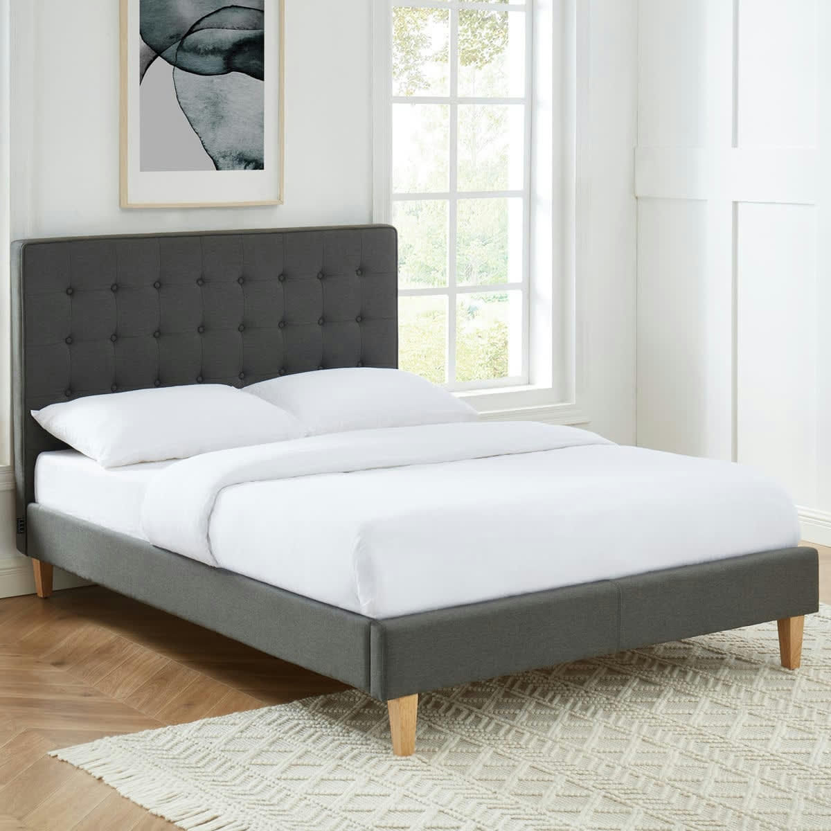 MARIE - Lit adulte en tissu gris anthracite, sommier à lattes, 140x190