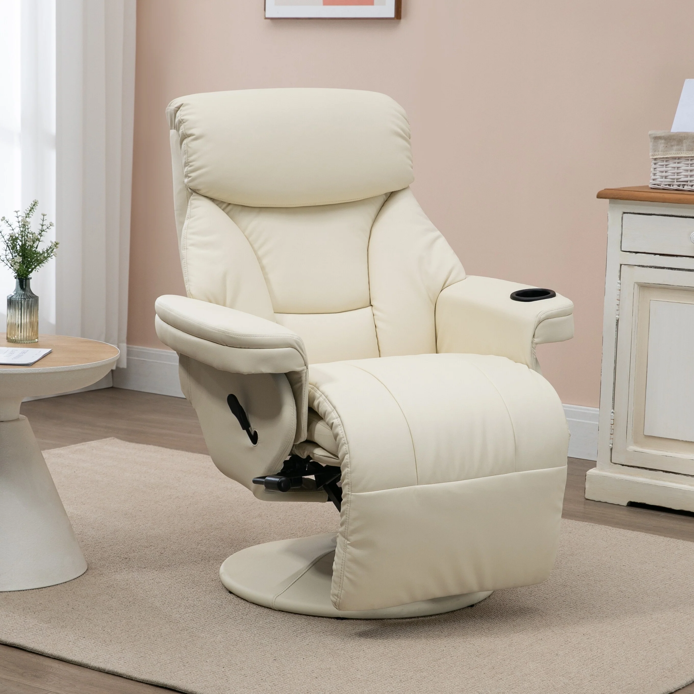Cream PU Leather Swivel Recliner Chair with Manual Footrest, Cup Holder, Side Storage, and 135° Recline
