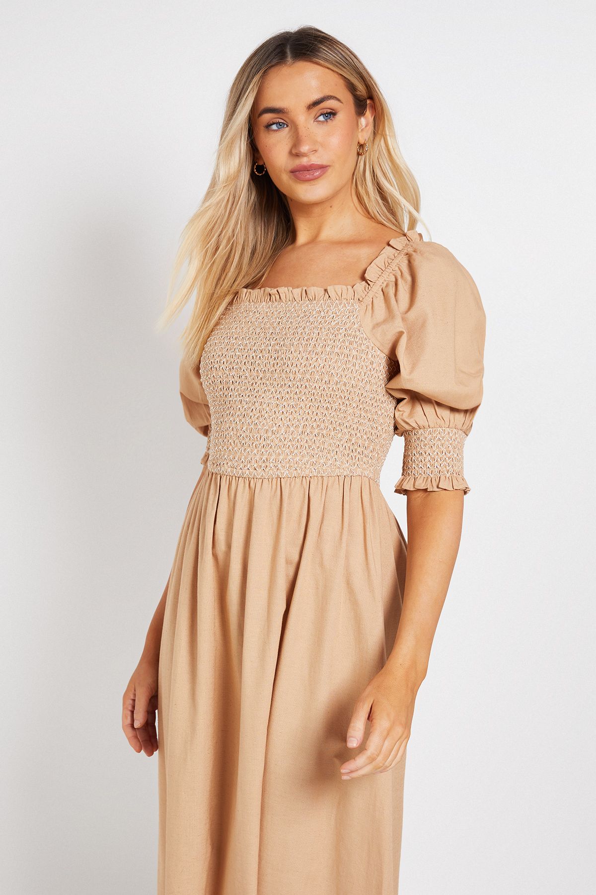 Dorothy Perkins Contrast Stitch Shirred Bodice Puff Sleeve Midi Dress