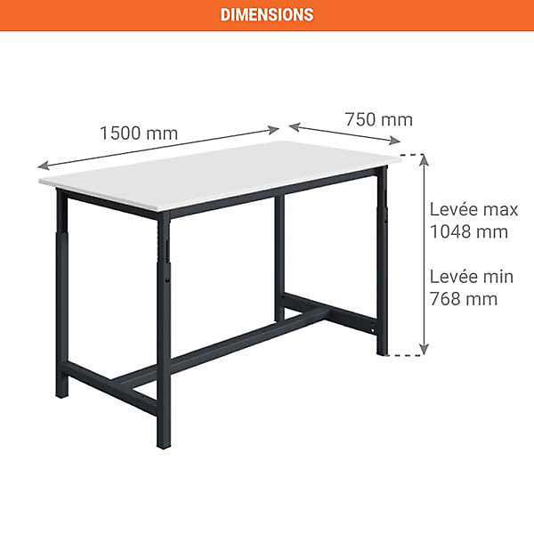 Etabli réglable - Dimensions 1500x750x768/1048mm - Gris anthracite RAL7016 - W010010624-GA