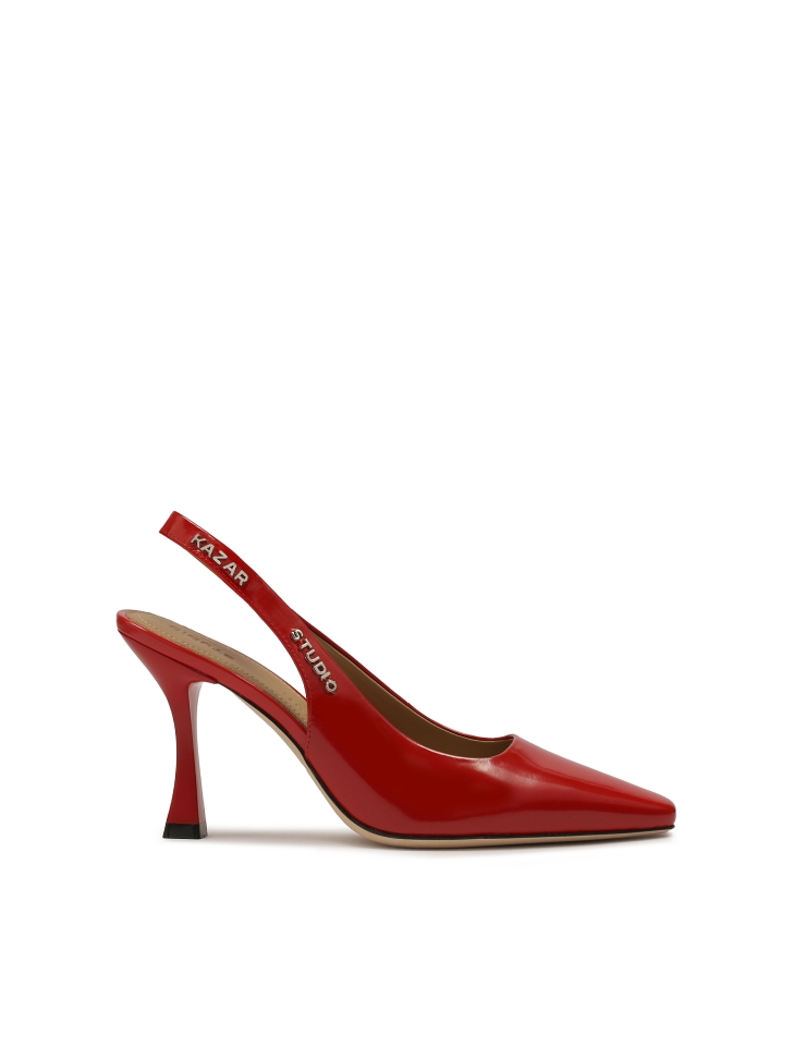 Red slingback pumps with a cup heel
