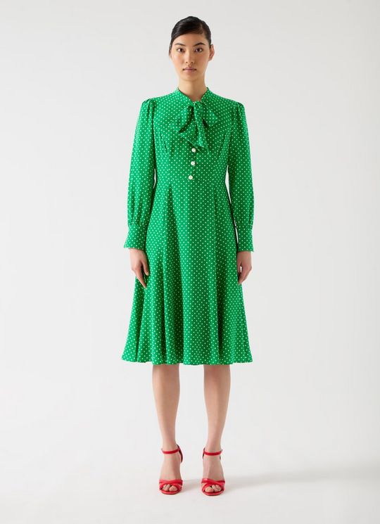 Mortimer Fern Green & Ivory Silk Silk Spot Tie Neck Dress