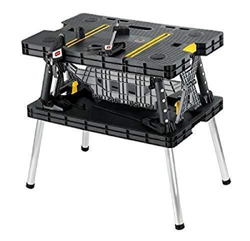 Keter �C 197283 Folding Table Work Bench for Miter Saw Stand, Woodworking Tools and Accessories with Included 12 Inch Wood Clamps �C Easy Garage Storage Black/Yellow