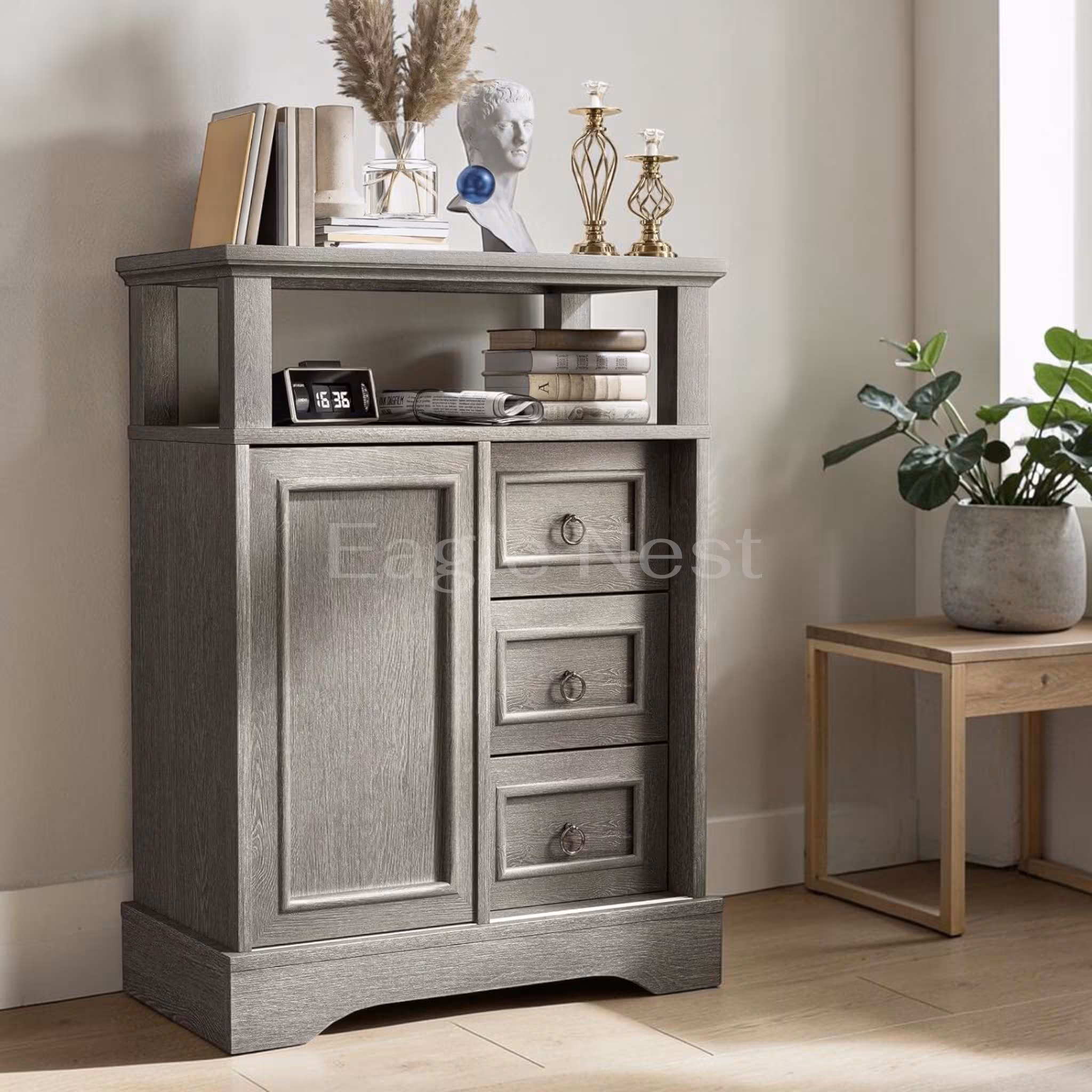 Storage Cabinet with Sliding Barn Door and Drawers, Farmhouse Floor Cabinet with Adjustable Shelves | Small Kitchen Pantry Cabinet, Grey