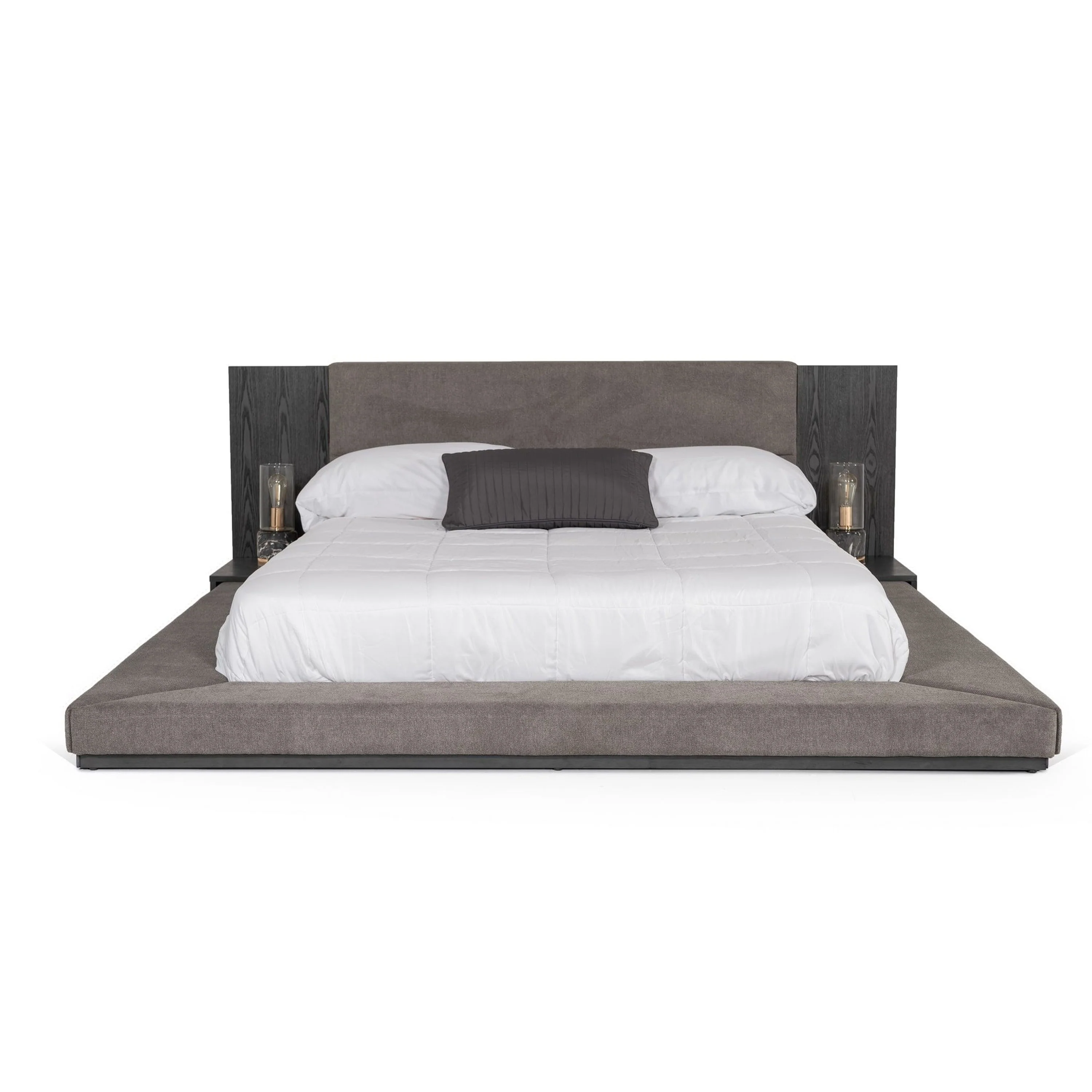 Noe Ruby King Bed Low Height with Built in Nightstands, Gray Upholstery