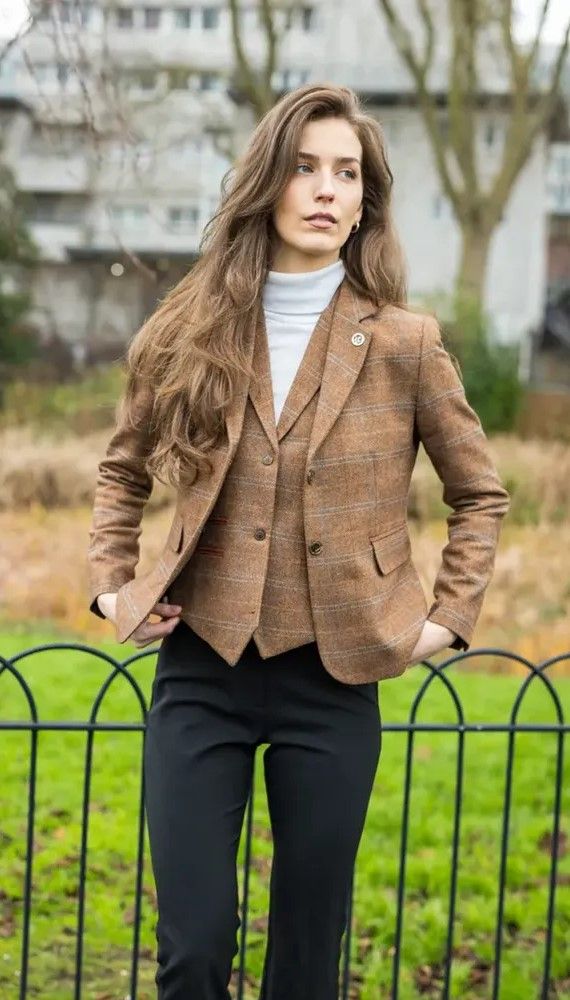 Infinity Leather Women's Tailored Fit Tweed Waistcoat in Herringbone Check
