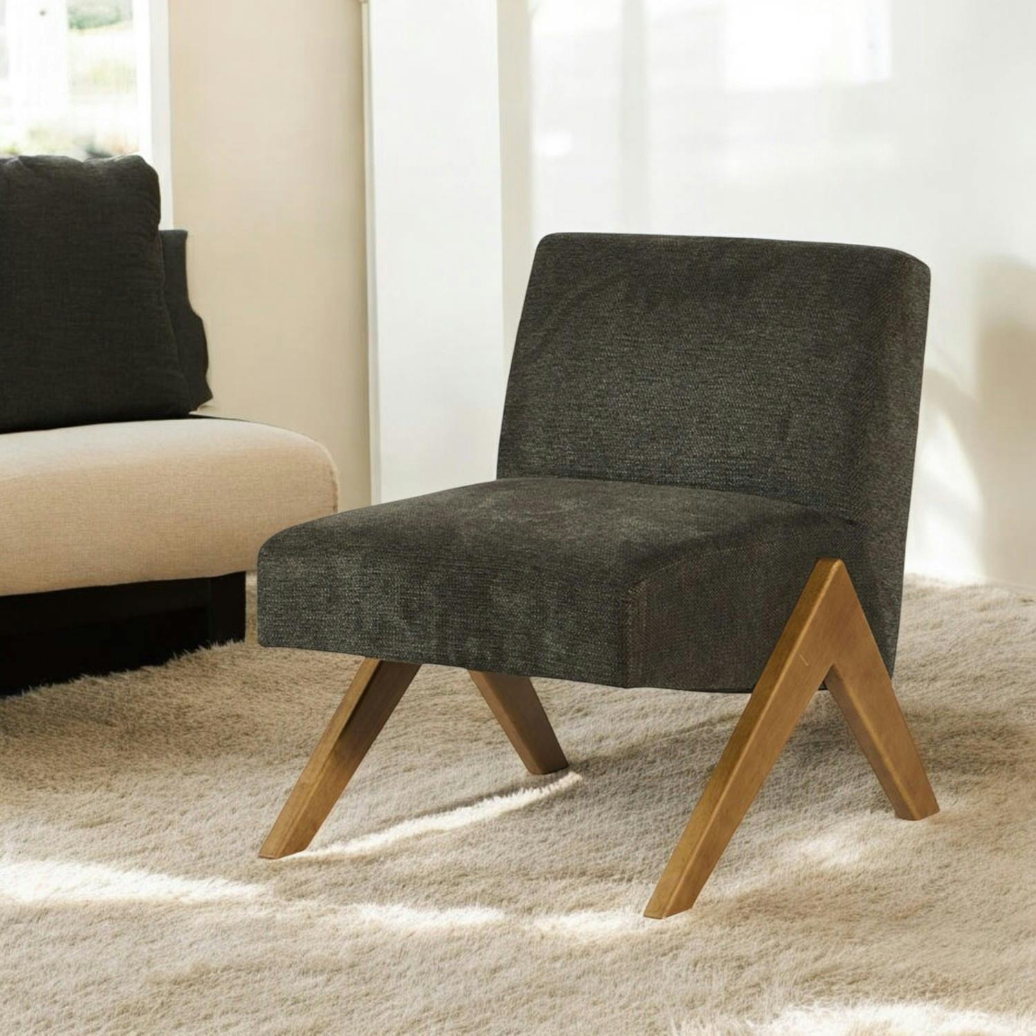 Fauteuil de salon bois et velours anthracite SOHO