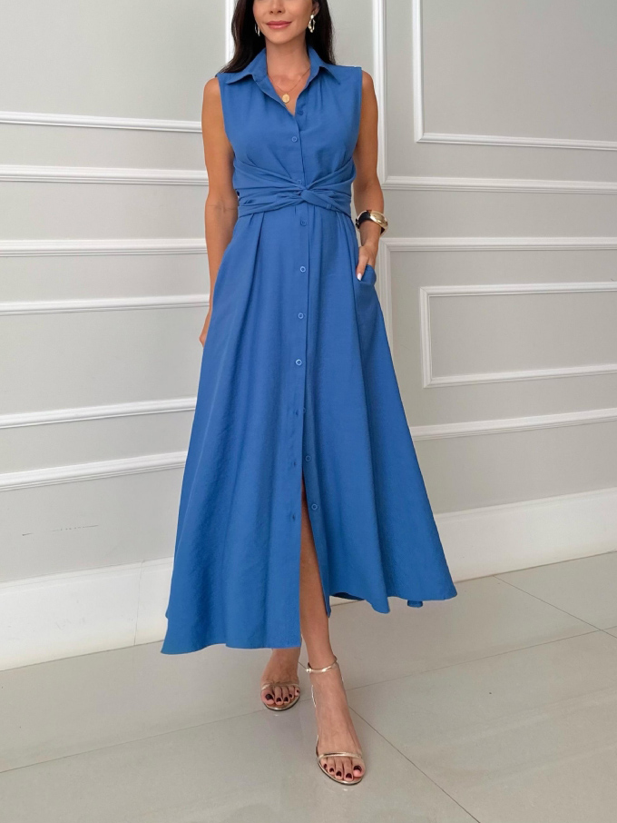 Unique Shirt Style Single-breasted Tie Midi Dress