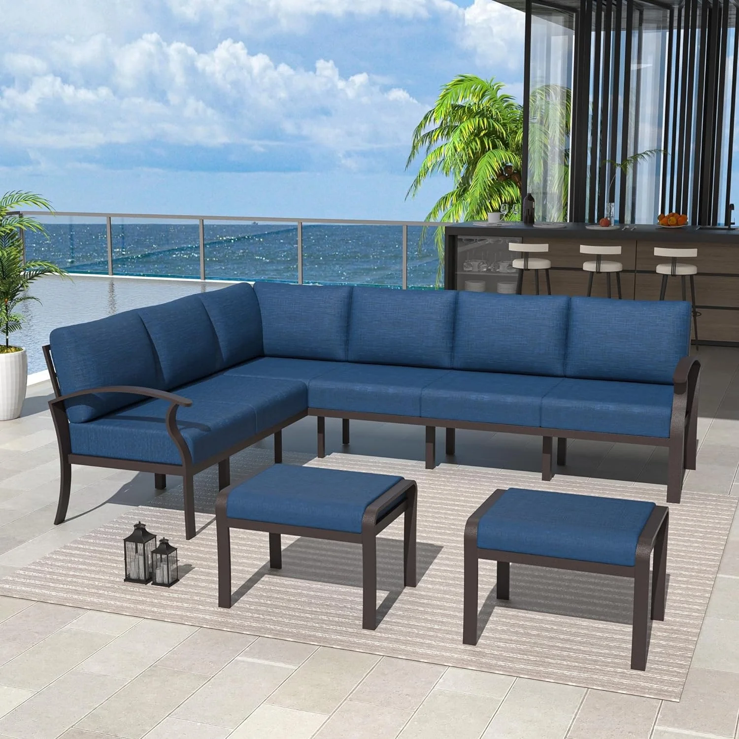 Aluminum Corner Sofa Set, Patio Outdoor Combination Sofa Set with Armrests and Foot Rests