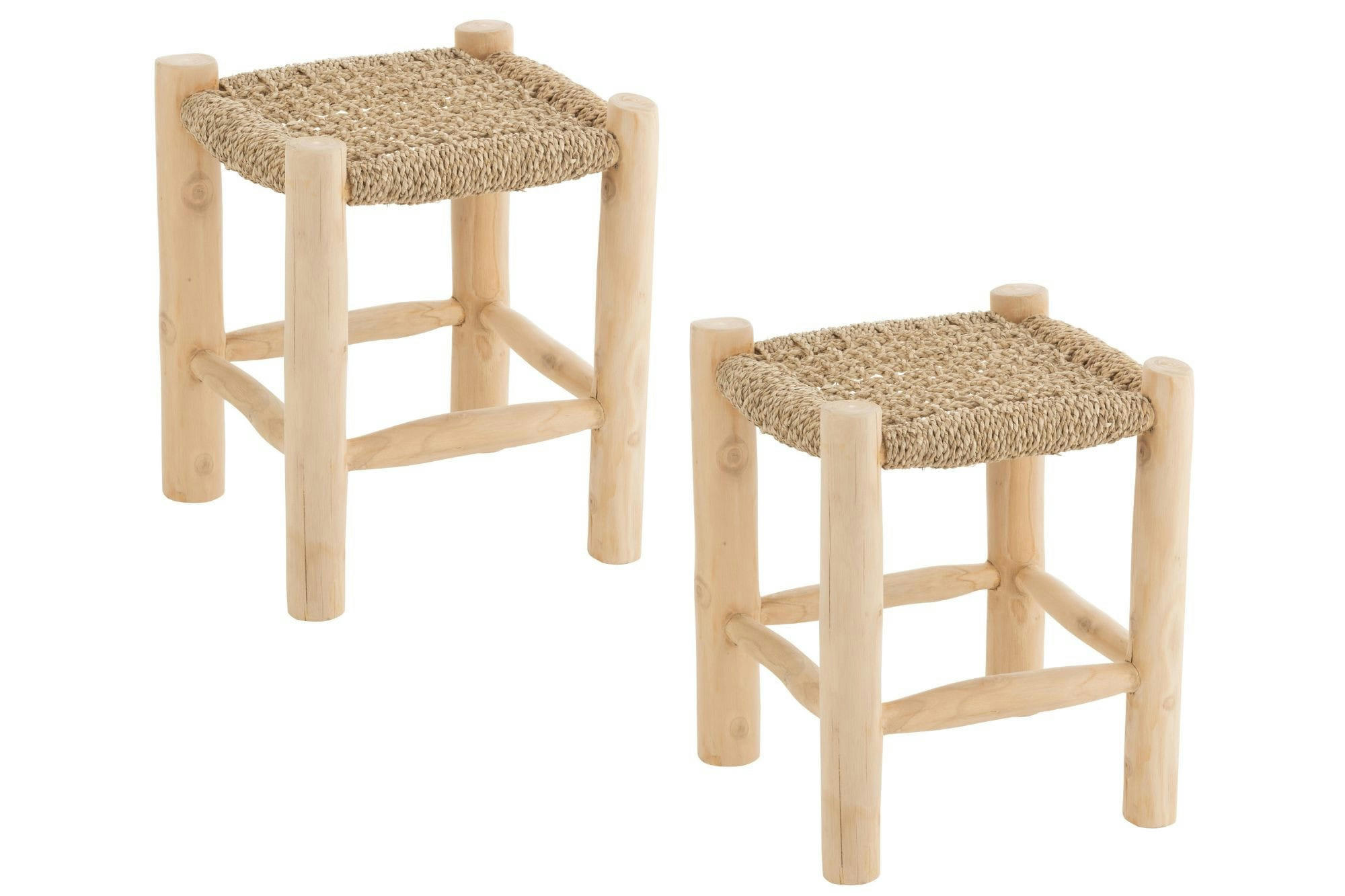 CHAM - Lot de 2 tabouret artisanal carré en teck et jonc de mer