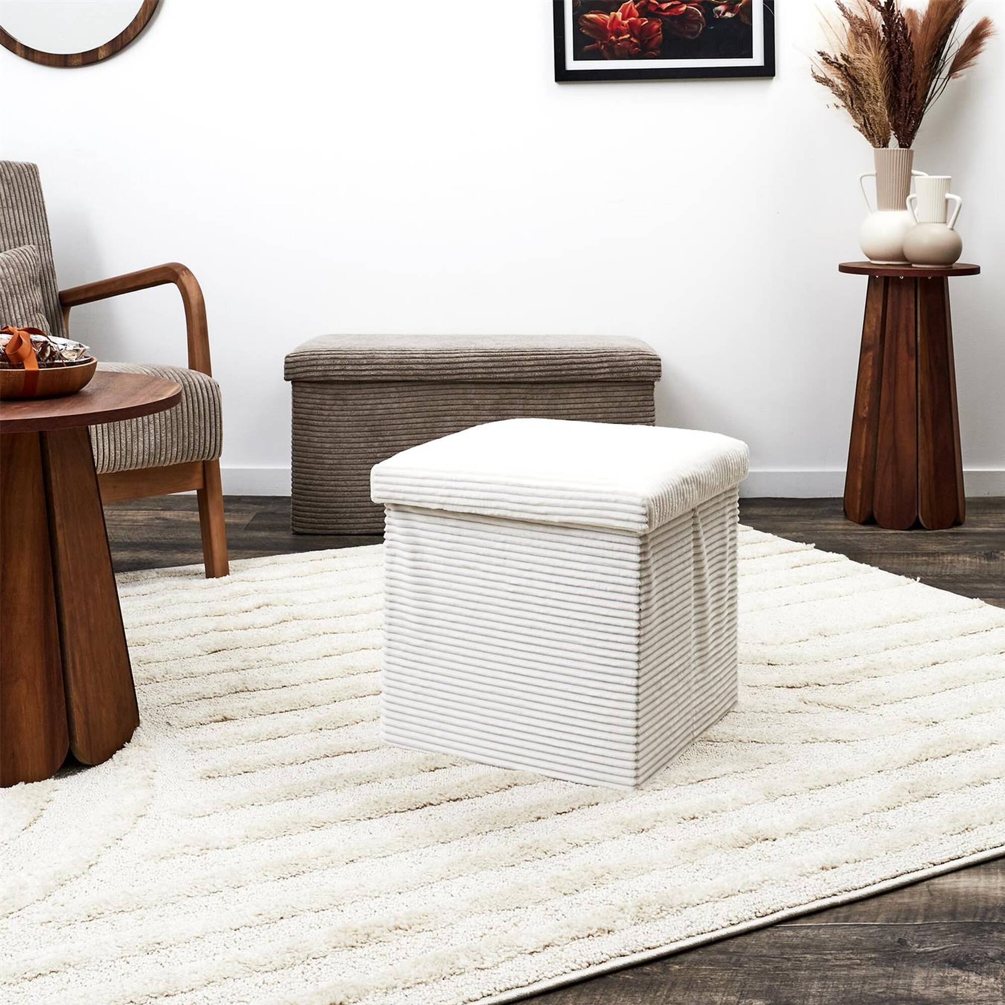 Coffre-pouf pliable, rev&ecirc;tement tissu c&ocirc;telé