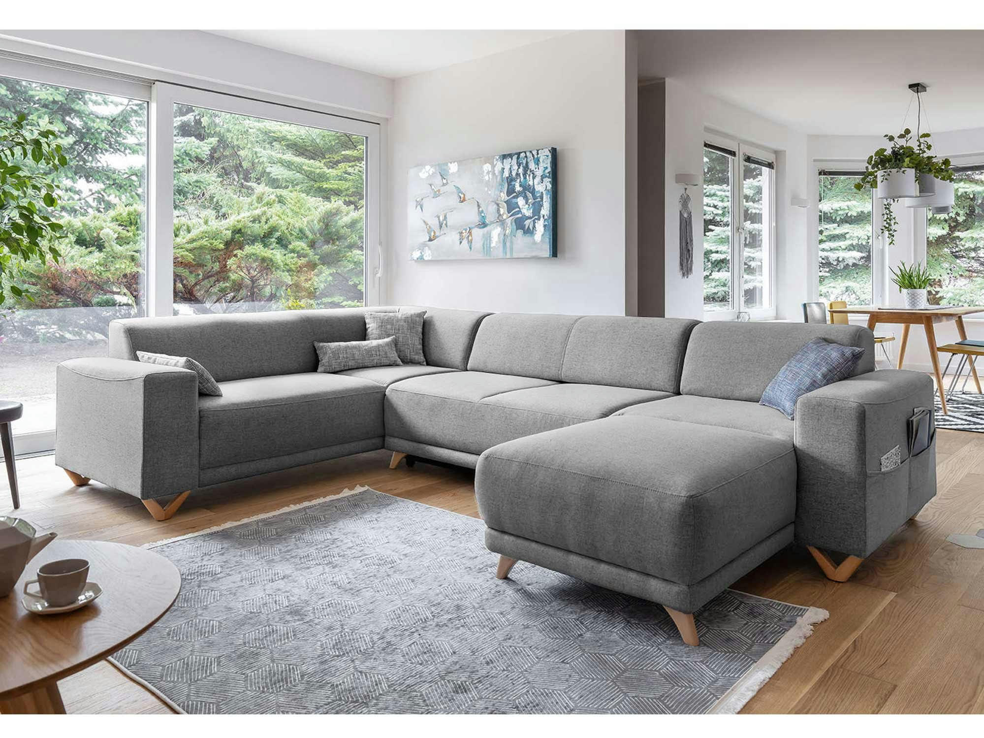 BELLA - Canapé panoramique 7 places angle gauche en tissu gris foncé