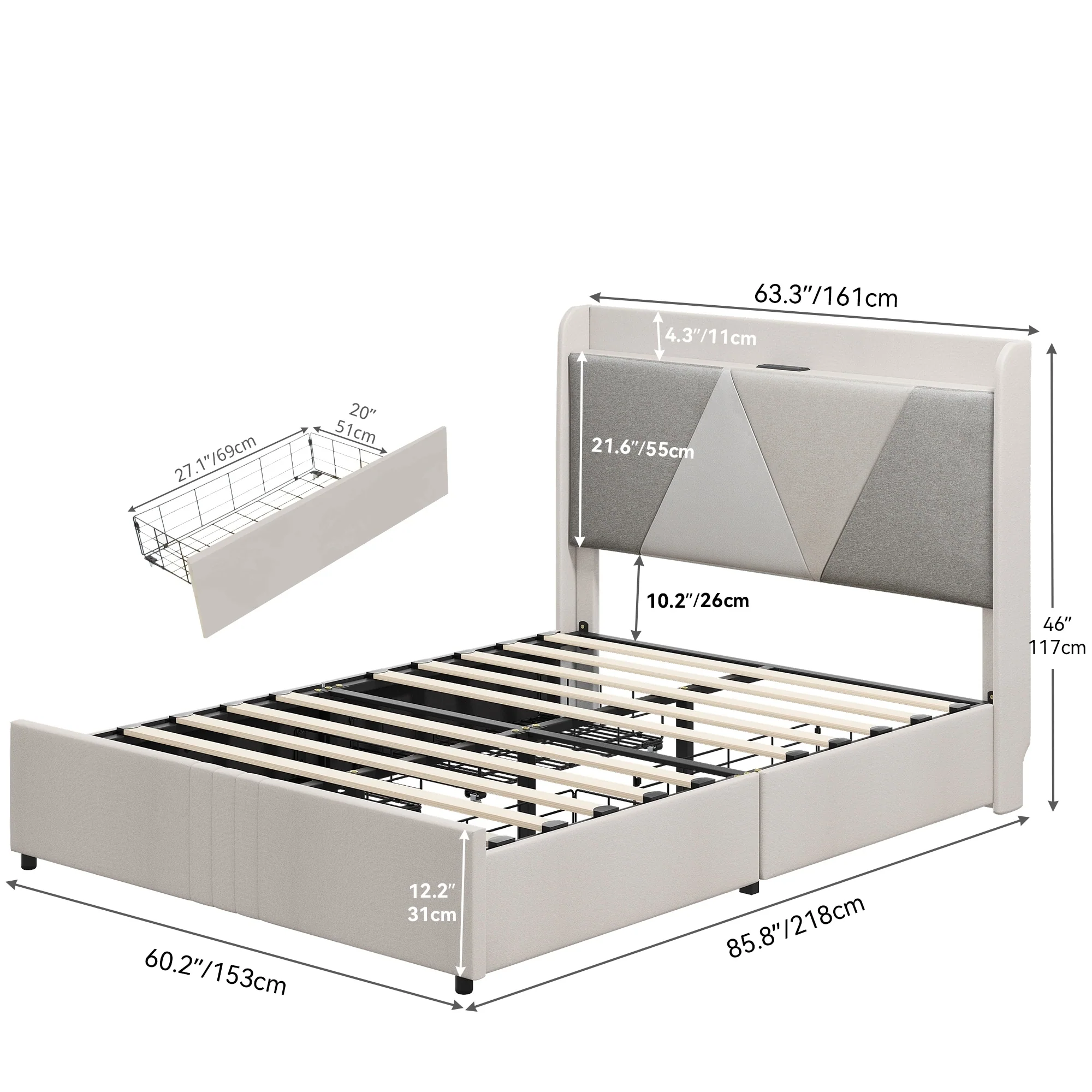 Moasis Queen Bed Frame with 4 Storage Drawers & Wingback Headboard