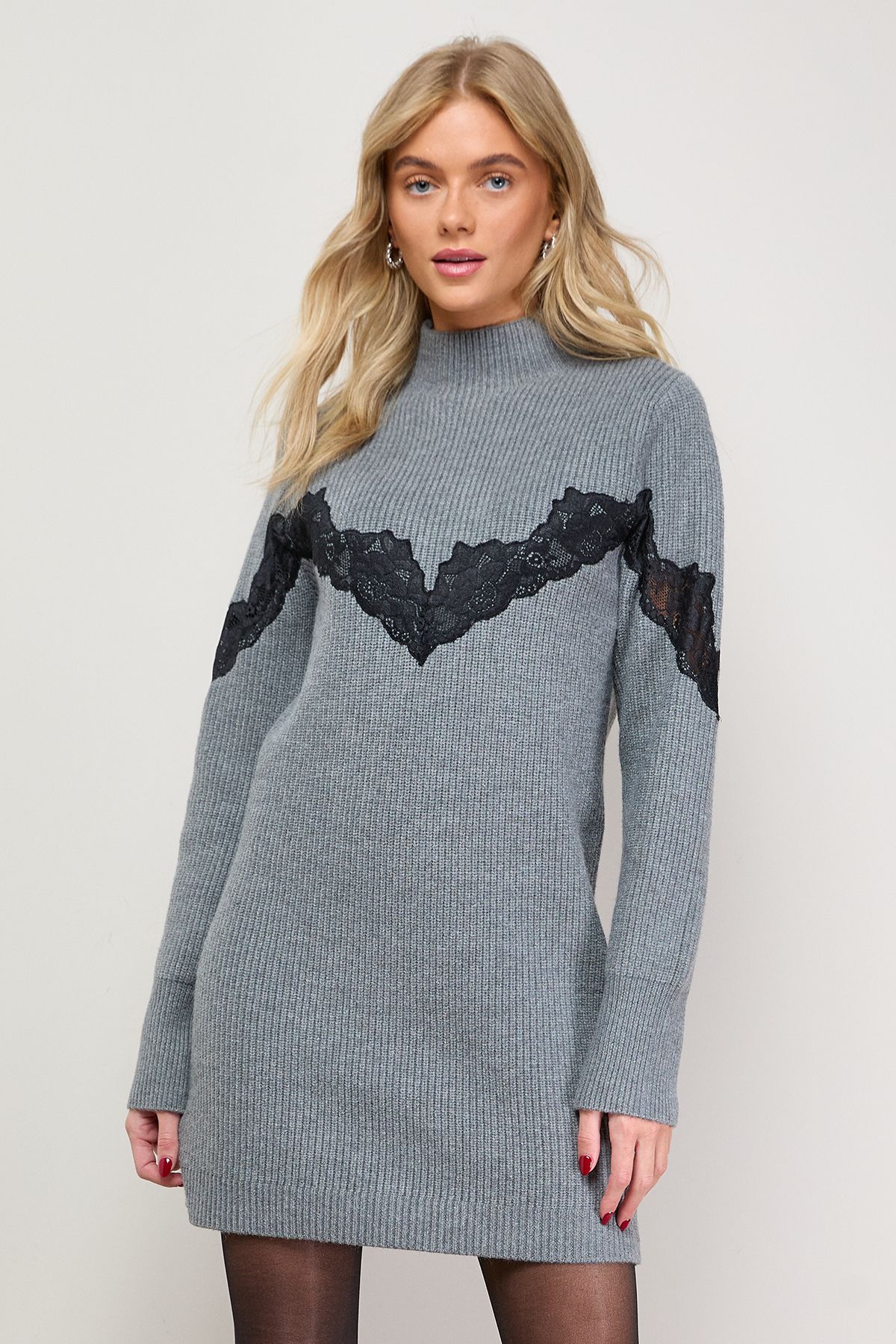 Oasis Contrast Lace Stitch High Neck Knitted Mini Dress