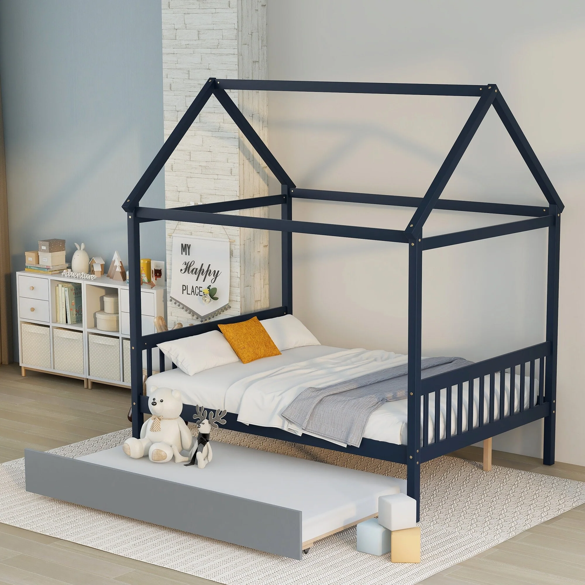 Blue Full Size Wood House Bed with Trundle, Roof, and Fence