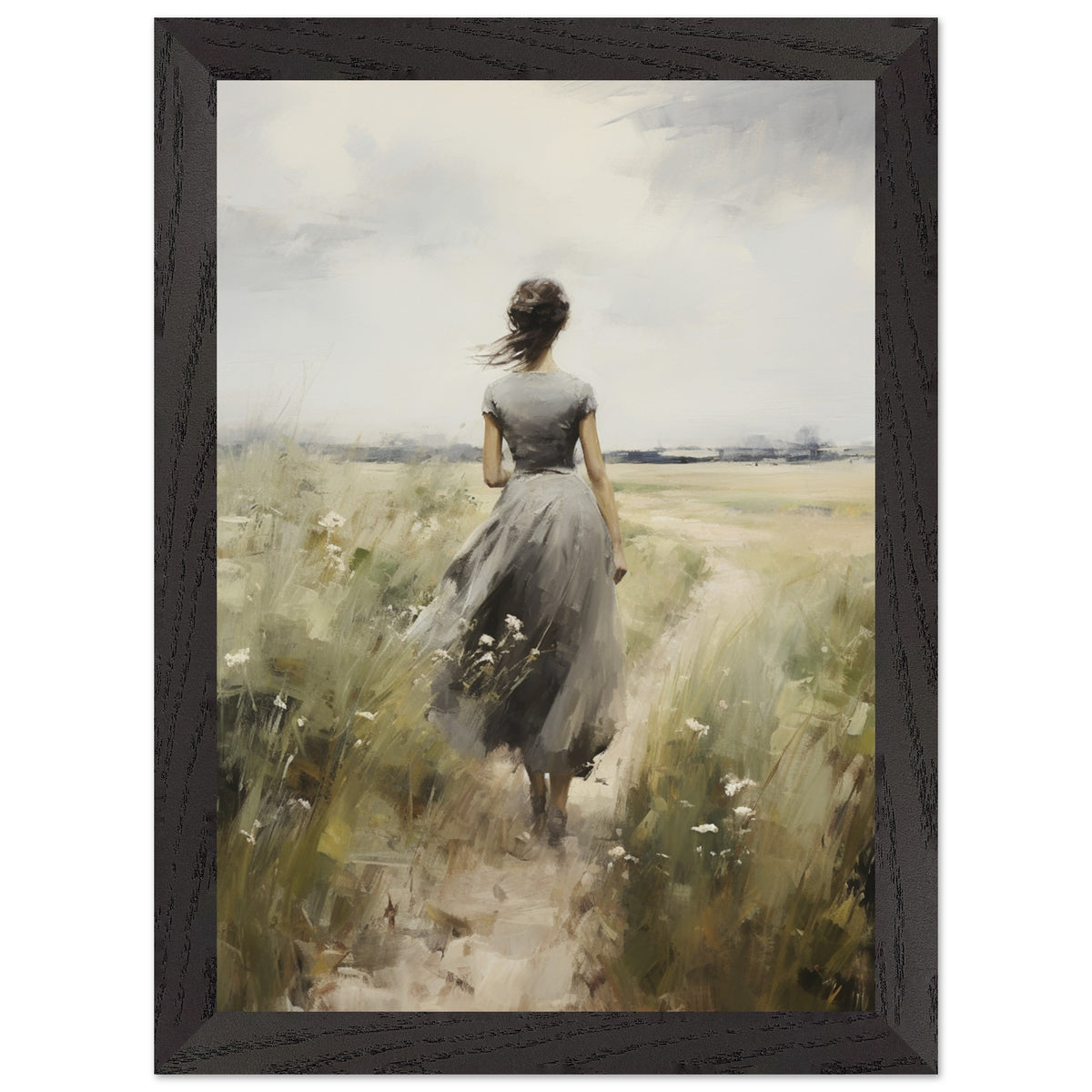Artfulprints Poster met Lijst Woman in flowerfield  - A4 21x29.7 cm - Groen
