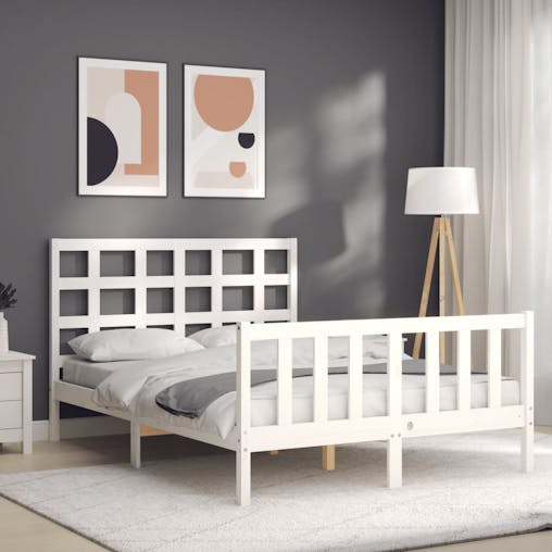 NNEVL Bed Frame with Headboard White 137x187 cm Double Solid Wood