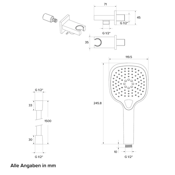 Brausegarnitur-Set, chrom, Handbrause mit drei Strahlarten
