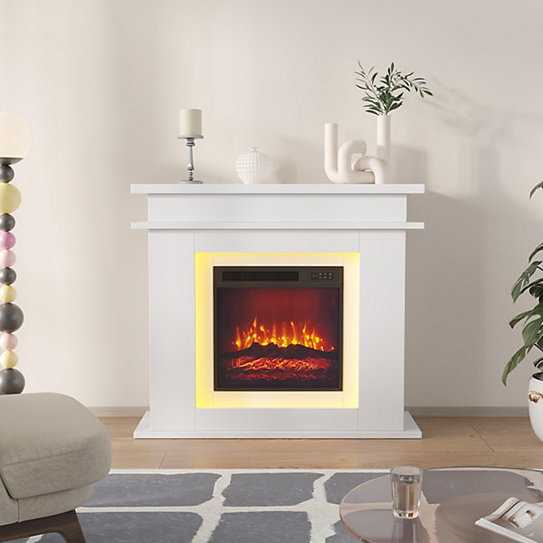 Cheminée électrique blanche avec meuble, LED multicolore, flammes 3D réalistes, réglage luminosité et couleur