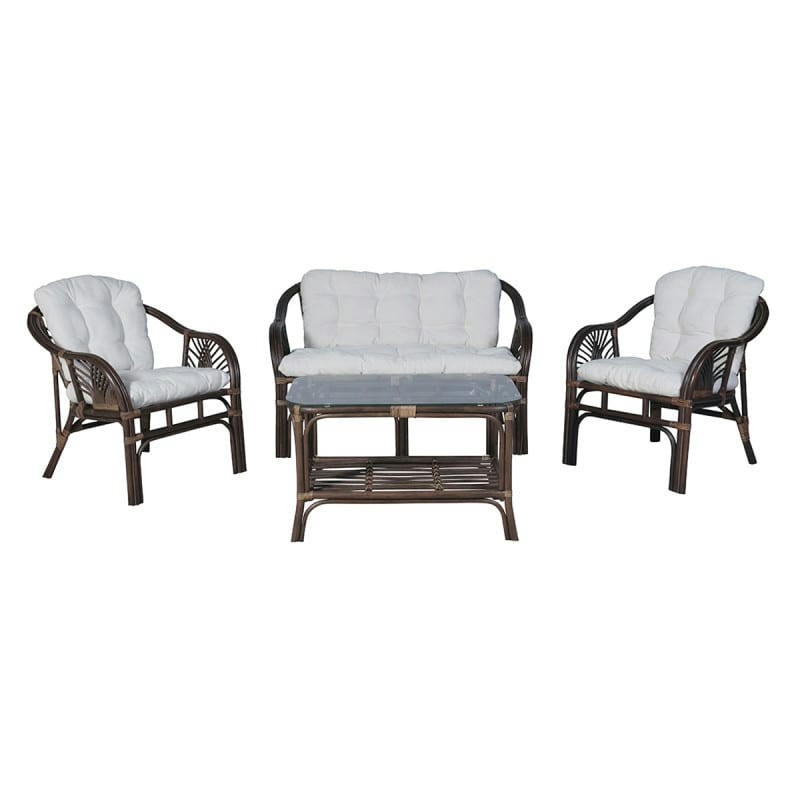 SOLLER - Salon 4 places en rotin marron coussin blanc