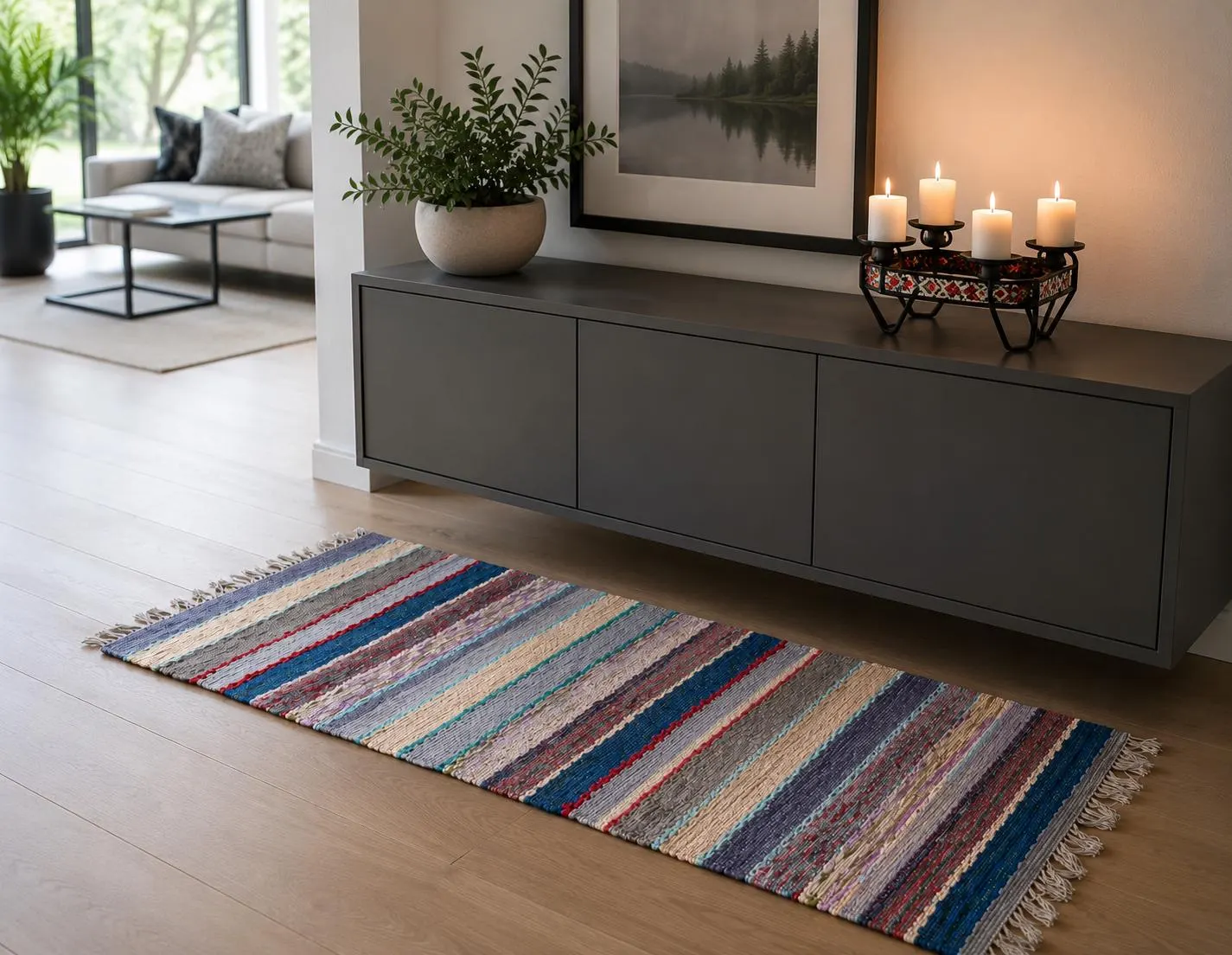 Authentic 1970s Handwoven Scandinavian Rag Rug, Colorful Striped Nordic Carpet (125 x 73 cm)