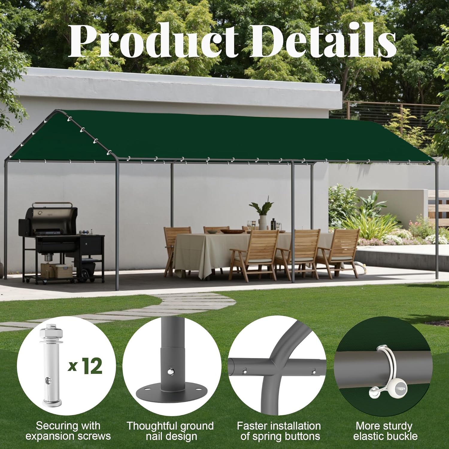 Carport 10x20 FT Heavy Duty Carport Canopy Tent Waterproof，Portable Car Shelter Garage Tent for Backyard Shade,Gathering and Storage for Boats,Cars,Tractors (Green (No Sidewall