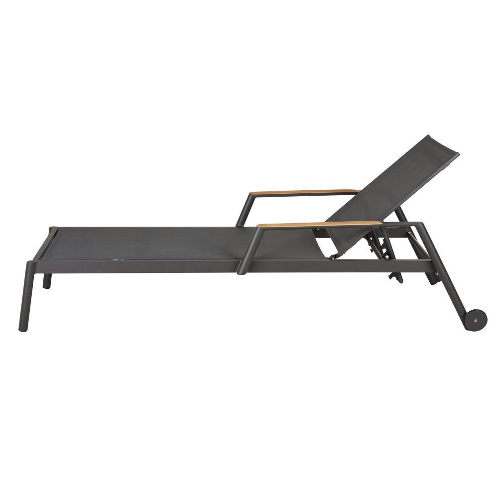 Guam - Bain de soleil en toile plastifiée gris anthracite avec accoudoirs en bois de teck massif à roulettes