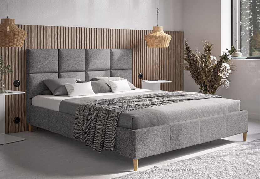 Łóżko tapicerowane 140x200 LUXO 1 na drewnianych nóżkach, Malmo 92- szare