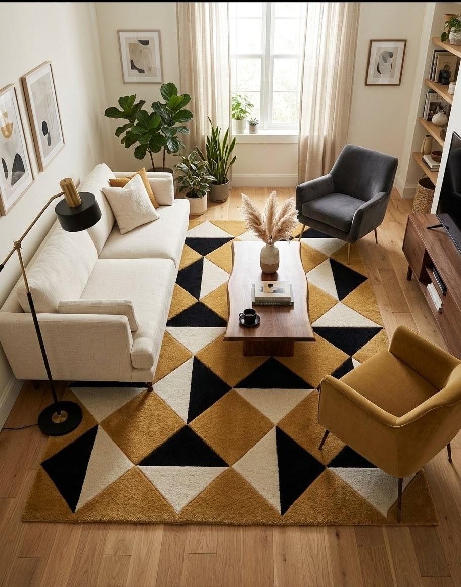 Luxury Hand Tufted Geometric Rug, Mustard Black Ivory Wool Rug, Modern Abstract Area Rug, Contemporary Designer Carpet, Handmade Home Decor.