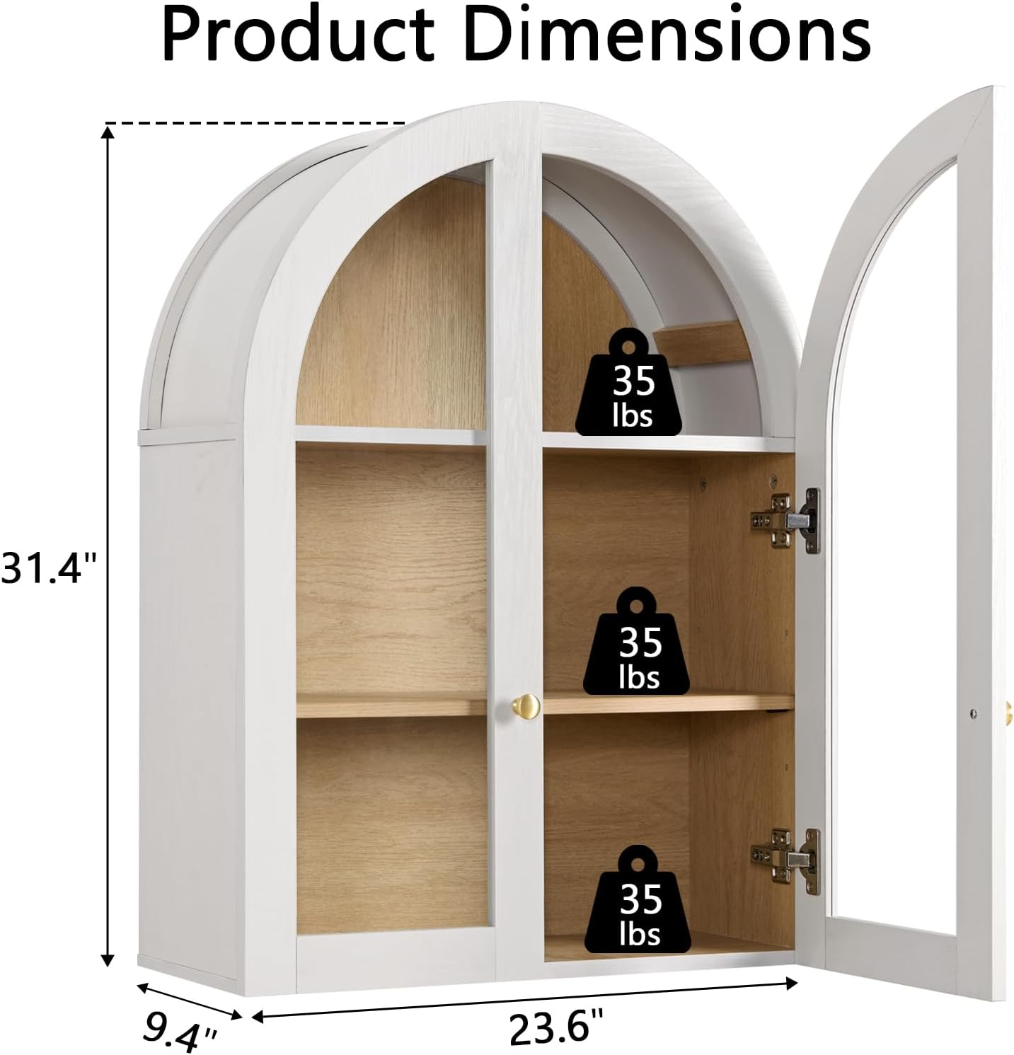 Bathroom Arched Wall Cabinet, 23.5'' Wide Medicine Cabinet, Bathroom Cabinet Wall Mount with Glass Doors & Adjustable Shelves, Over The Toilet Storage Cabinet for Laundry Room, Bedroom,Kitchen, White
