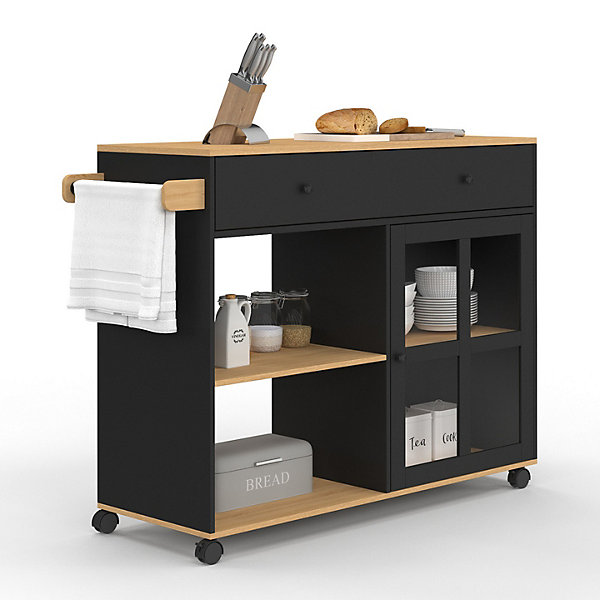 Desserte de cuisine ACHILLE XXL avec étagère et placard vitré bois et noir L. 100 CM