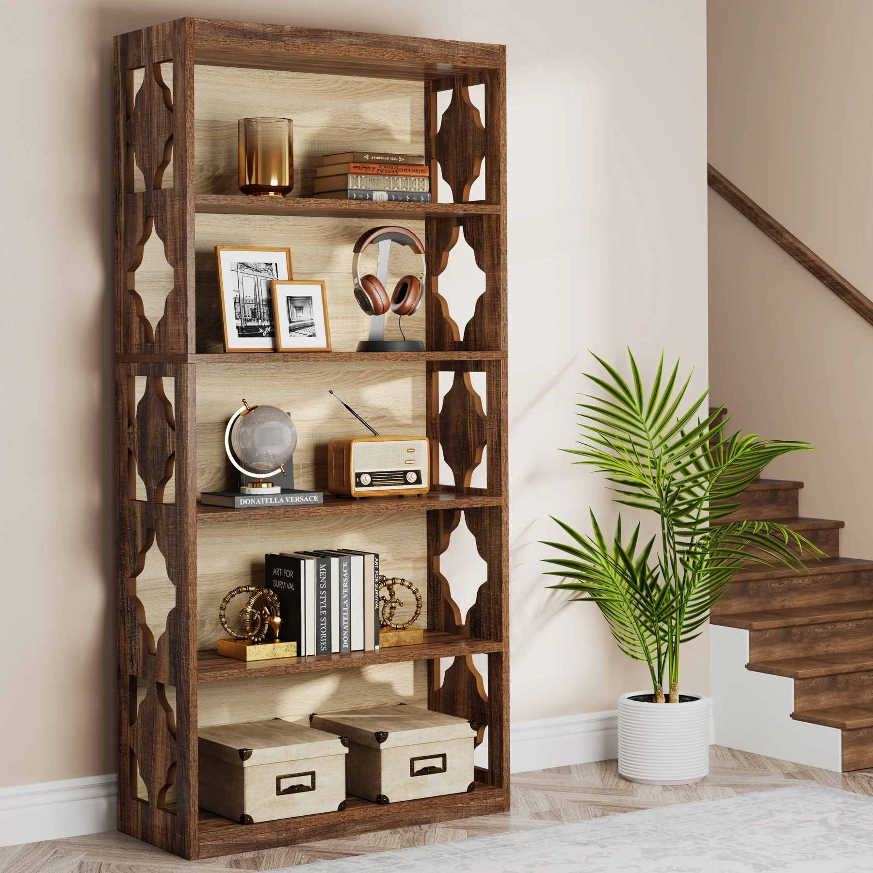 6-Tier Bookcase, 70-Inch Tall Freestanding Bookshelf with Hollow Patterns