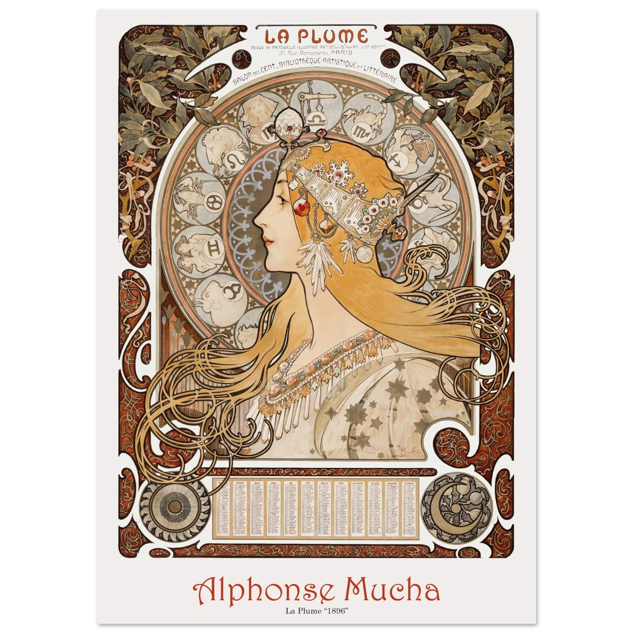 Artfulprints Poster Alphonse Mucha - La plume  - 50x70 cm - Bruin