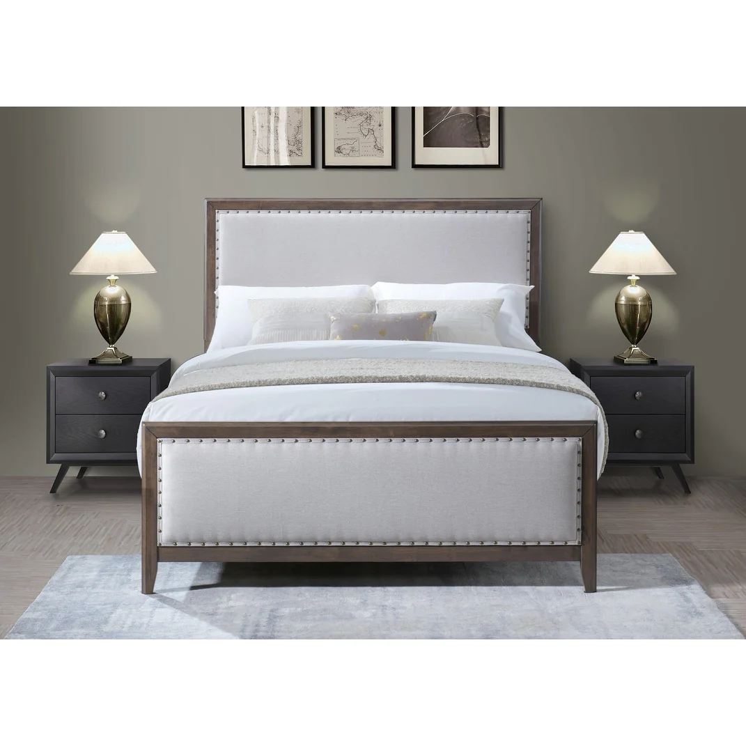 Jessese Natural Solid Wood Upholstered Nailhead Trim Adjustable Platform Bed