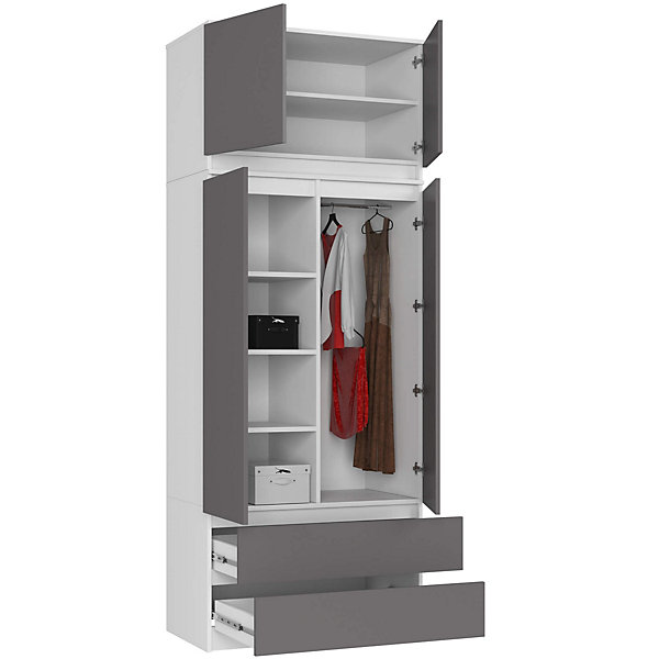 Armoire avec surmeuble AKORD S90 Blanche 90 cm 2 portes 2 tiroirs façade Gris Graphite 6 étagères 90x51x234 cm