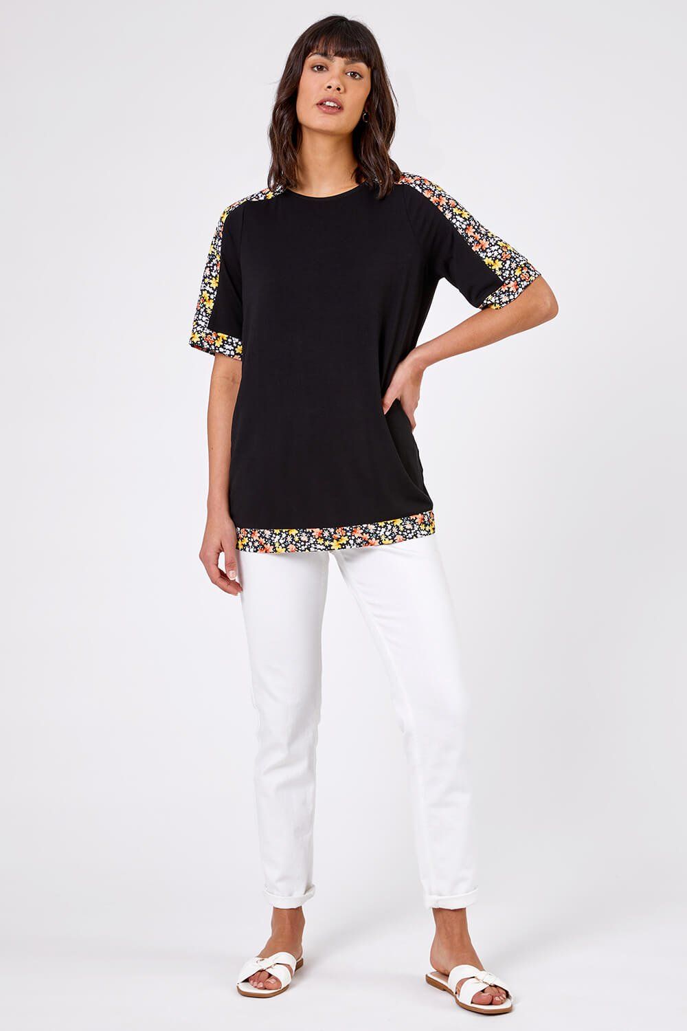 Roman Floral Print Contrast Jeresey Top