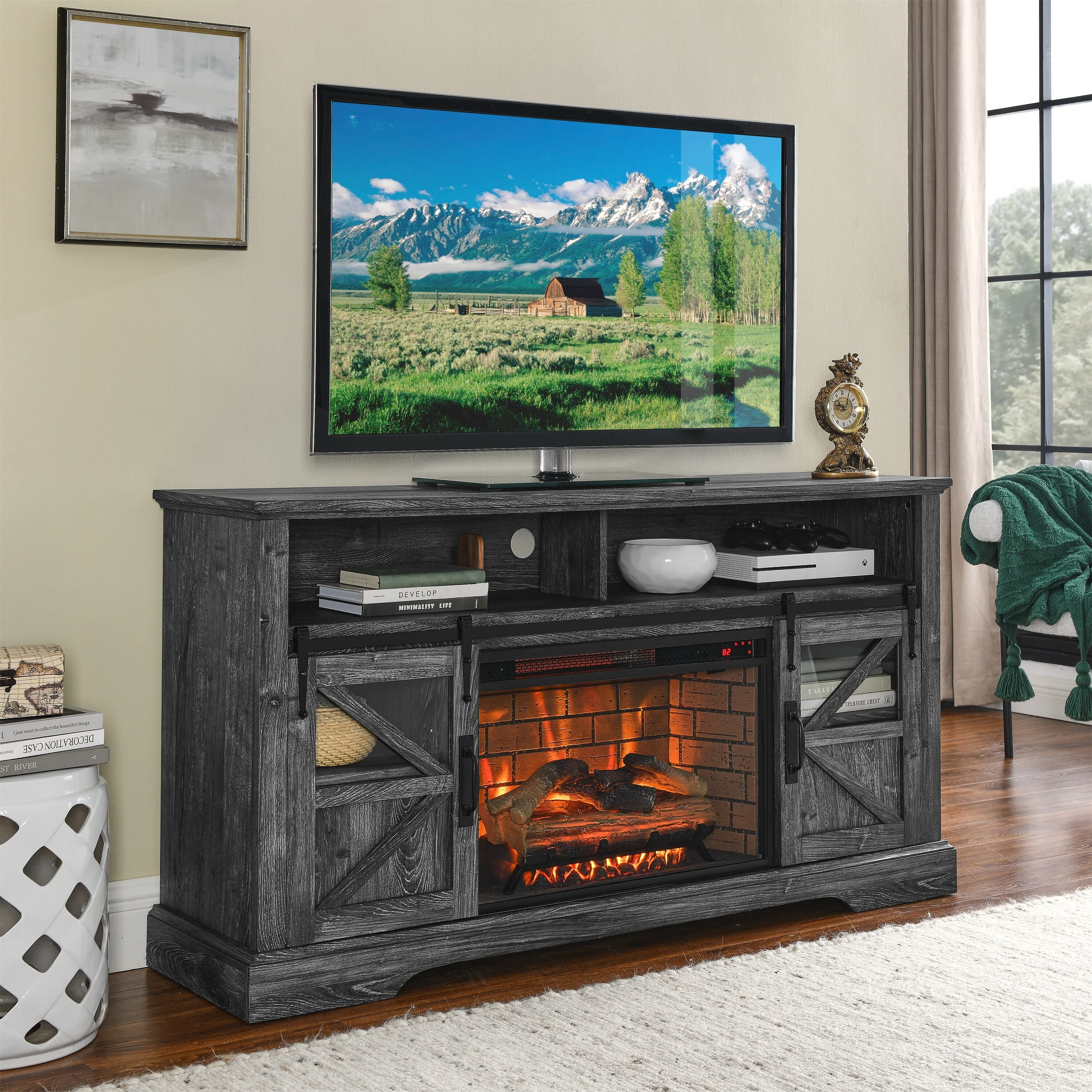 Dark Oak 60 Fireplace TV Stand with Remote & Safety Protection for TVs Up to 70