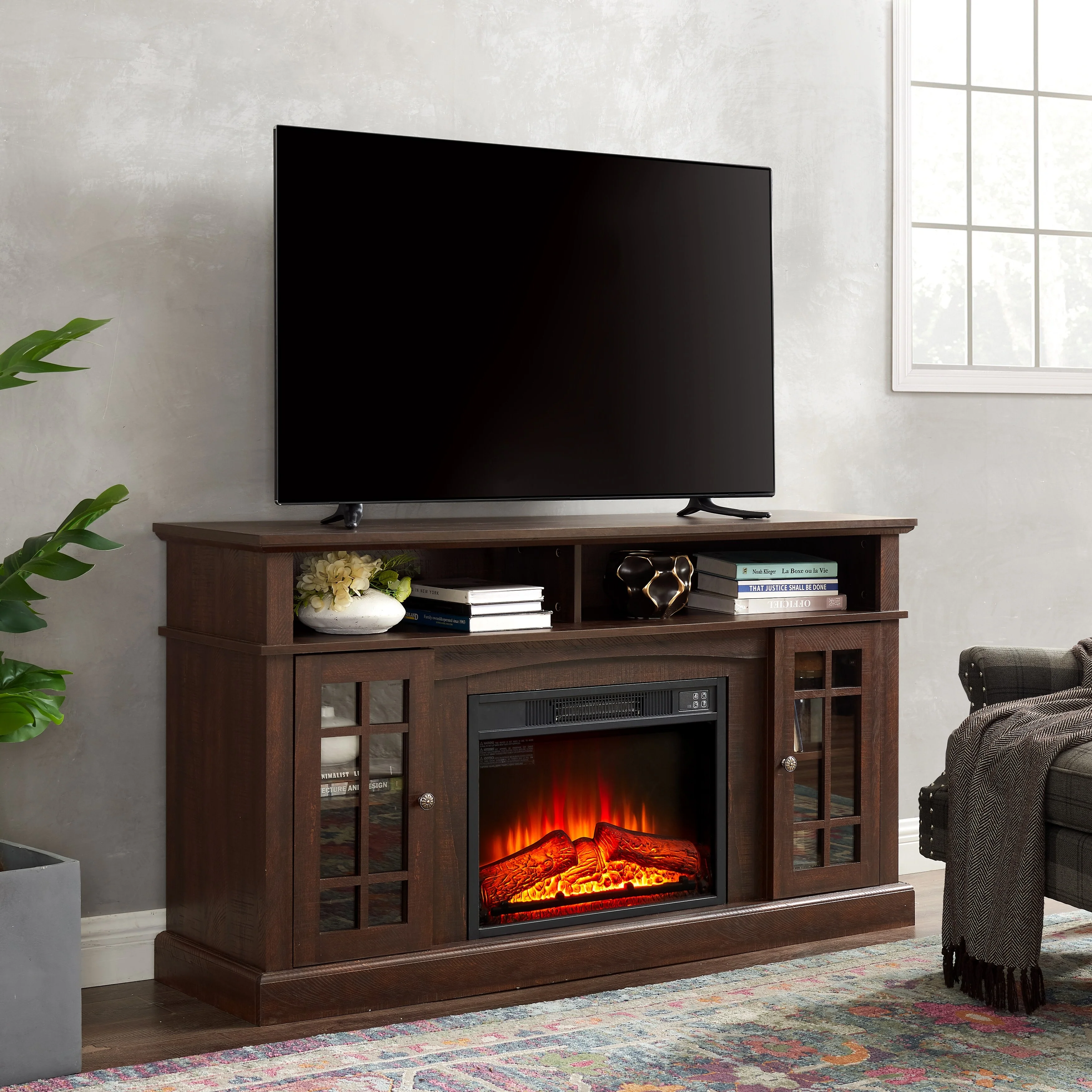 Espresso 58 Fireplace TV Stand with Open & Closed Storage for TVs Up to 65