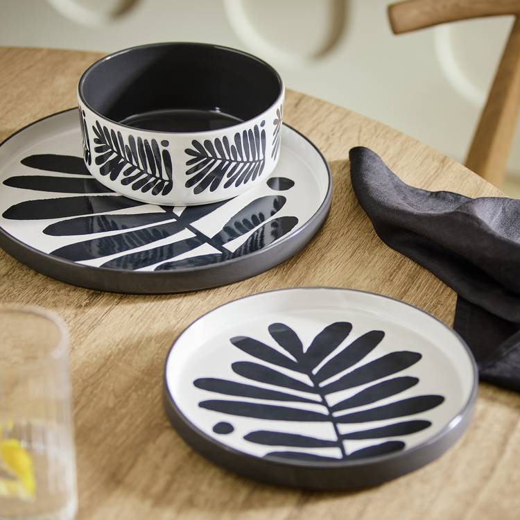 Habitat Leaf 12 Piece Stoneware Dinner Set - Black & White