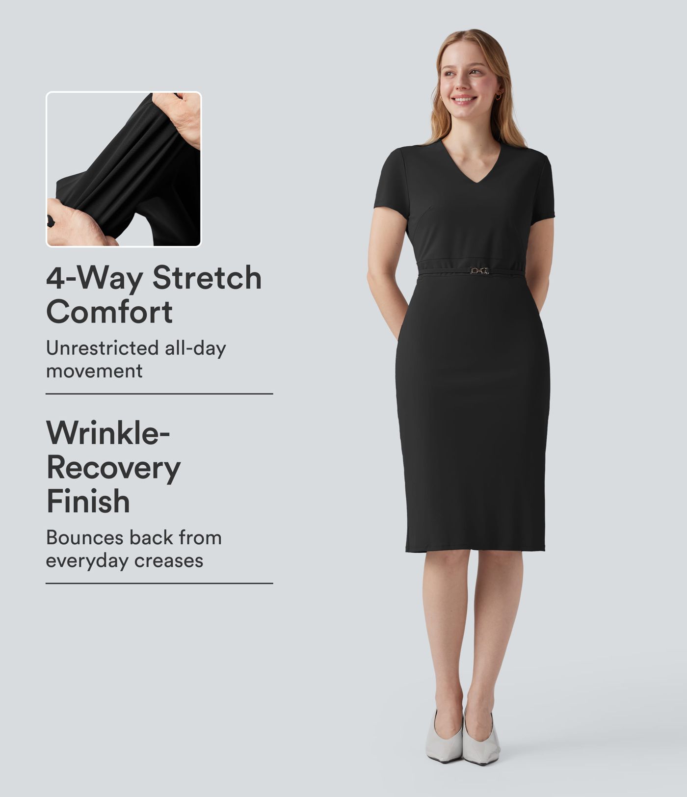 Robe midi de bureau à col V et manches courtes, défroissage facile