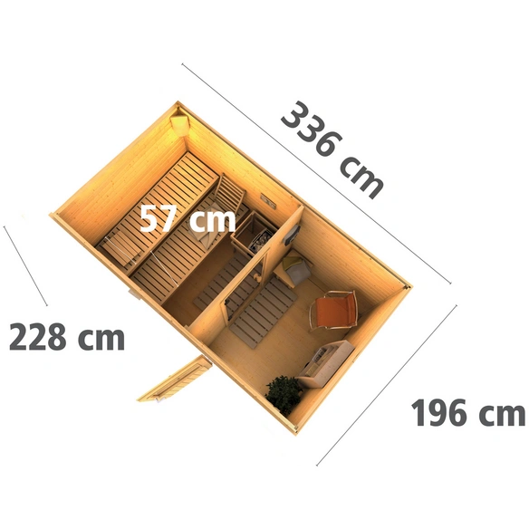 Saunahaus »Schwanenburg 1«, BxTxH: 337 x 196 x 228 cm, 9 kW Bio-Kombi-Ofen mit ext. Steuerung