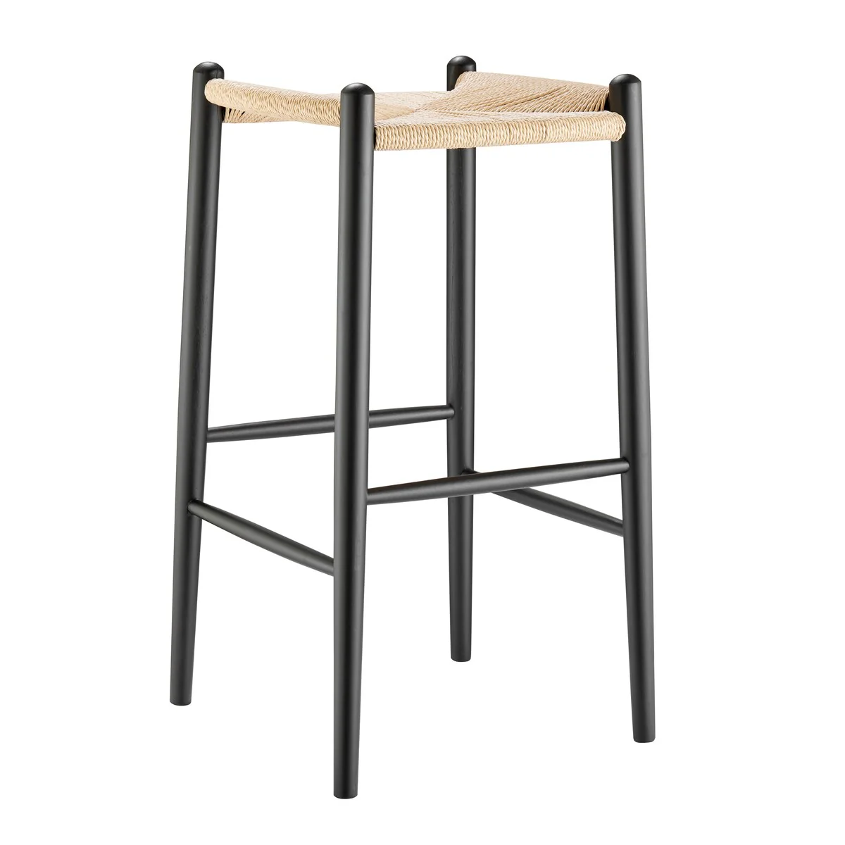 Evelina Bar Stool without Backrest with Black Frame and Natural Rush Seat - Set of 1