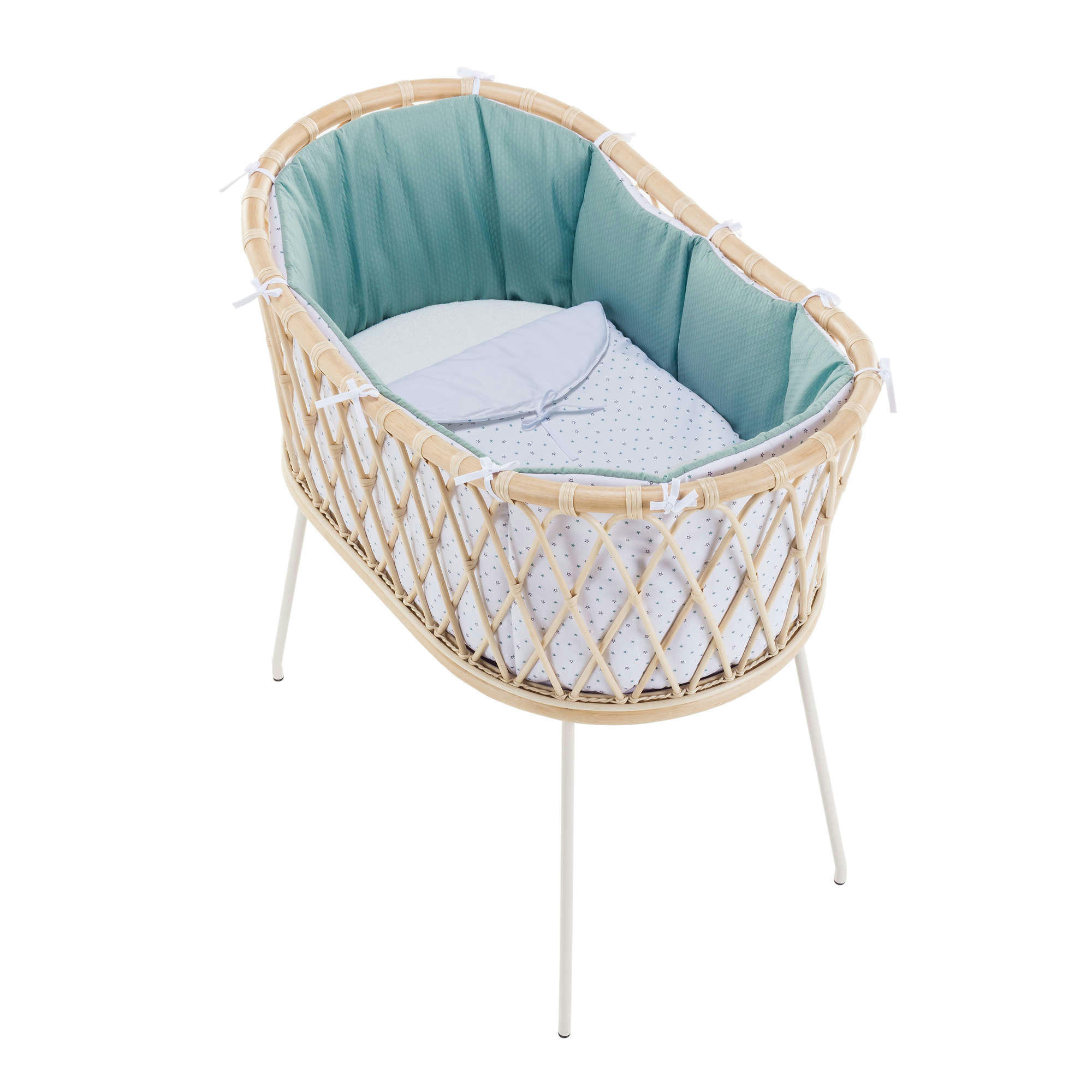 YAKARTA - Berceau en rotin 48x78 cm pour bébé avec textile en aigue-marine